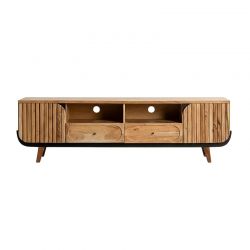 Grand meuble TV noir et bois acacia blanchi 200cm ROSA Kayu Interieur