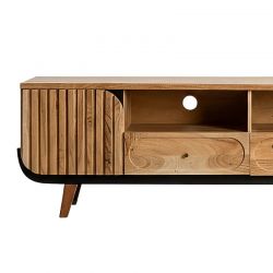 Grand meuble TV noir et bois acacia blanchi 200cm ROSA Kayu Interieur