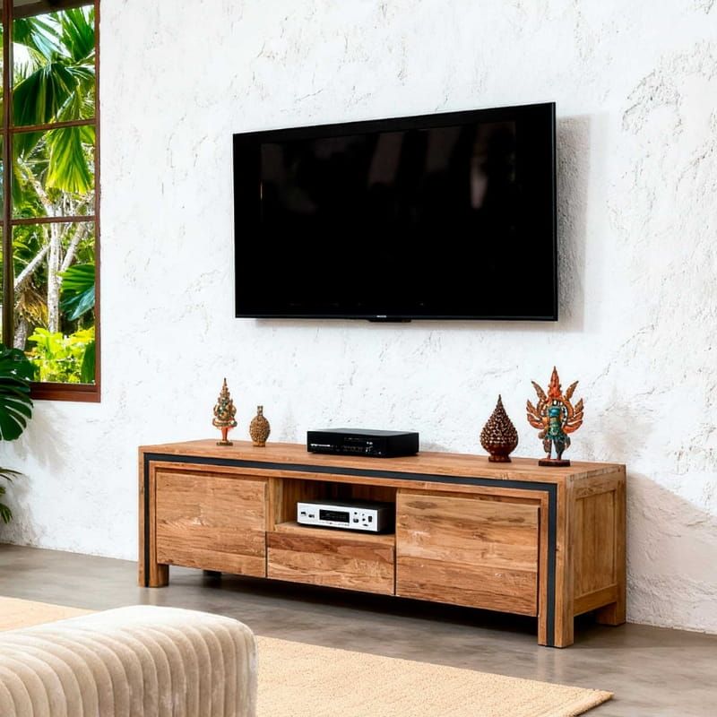 Meuble TV teck recyclé massif 160cm KAYOA Casita 1 tiroir