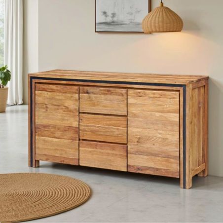 Buffet teck massif recyclé 220cm KAYOA Casita 3 portes et 3 tiroirs