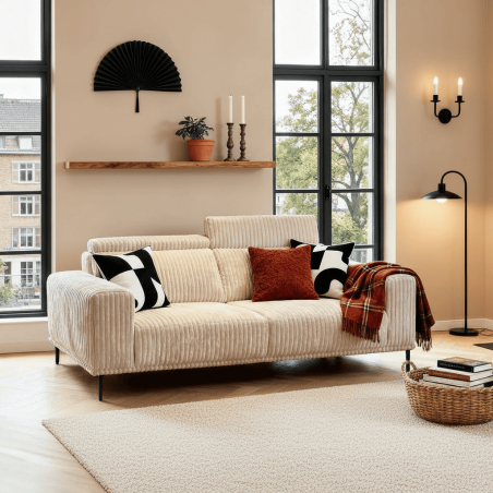 Canapé velours côtelé blanc doux UTSUN Sofacasa avec têtières