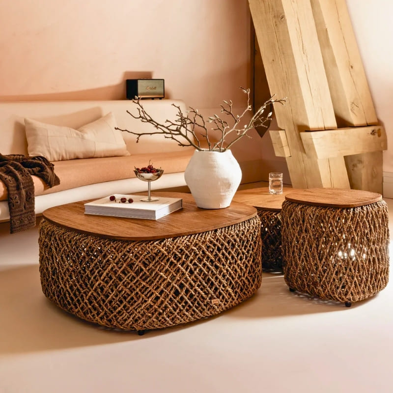 Ensemble de 3 tables basses carrées en teck et rotin KNUT d-bodhi