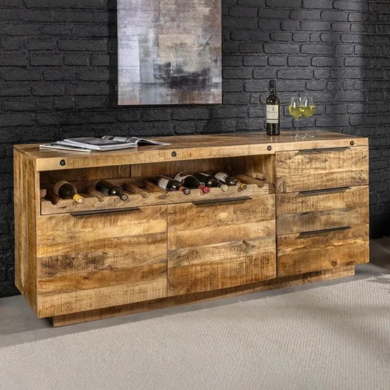 Buffet manguier massif IRON CRAFT 175cm avec étagère à vin