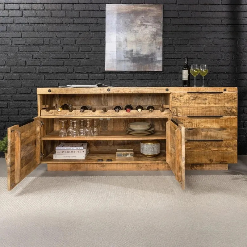 Buffet manguier massif IRON CRAFT 175cm avec étagère à vin