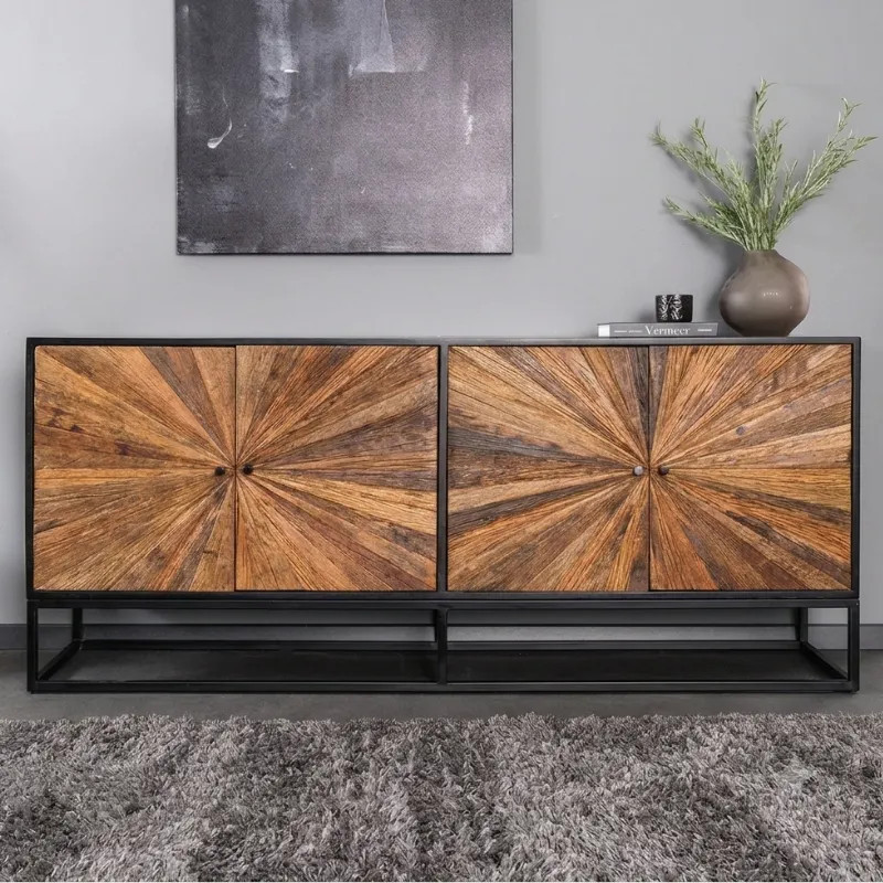 Buffet noir et bois de teck recyclé BARRACUDA 180cm 4 portes