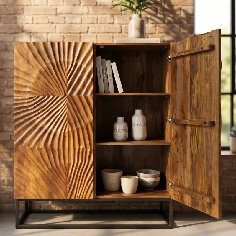 Armoire en manguier sculpté et métal SCORPION 100cm
