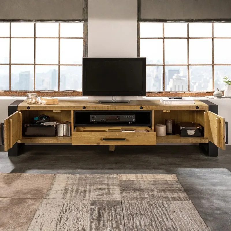 Meuble TV industriel en pin et métal THOR 200cm