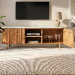 Meuble TV moderne acacia et marbre CHIC 140cm