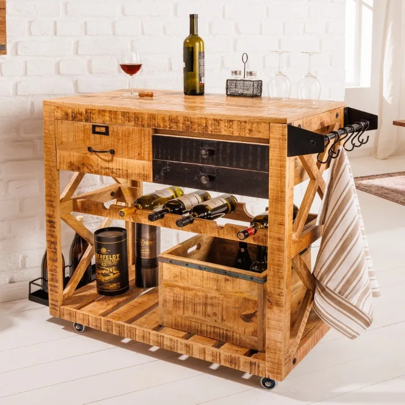 Meuble bar en manguier BODEGA 90cm sur roulettes
