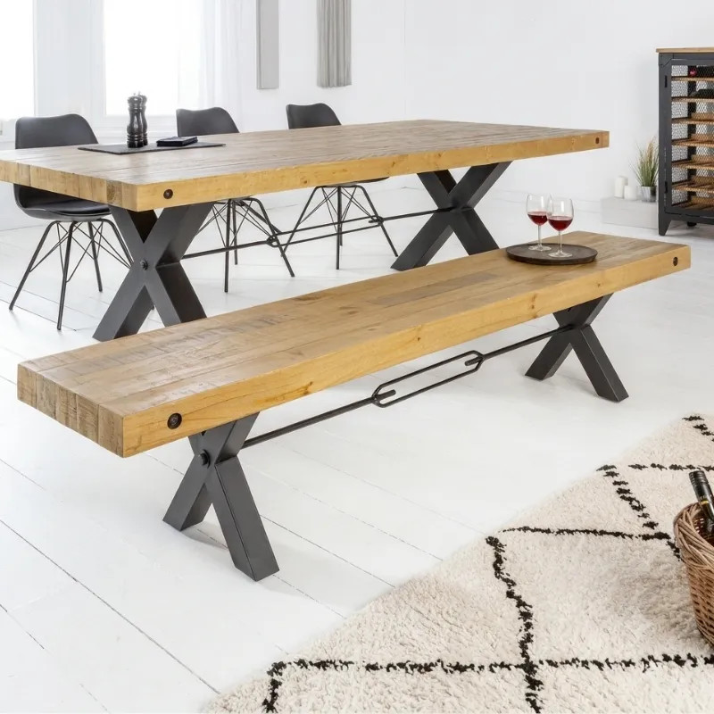 Banc industriel en pin THOR 200cm pieds X noir