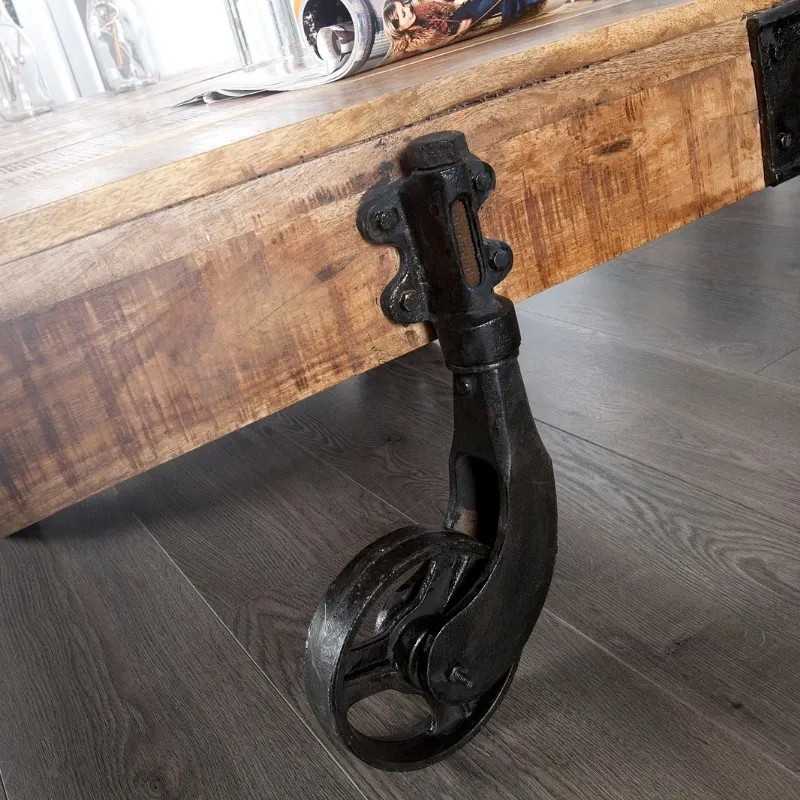 Table basse industrielle en manguier RAILWAY 110cm charriot