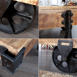 Table basse industrielle en manguier RAILWAY 110cm charriot