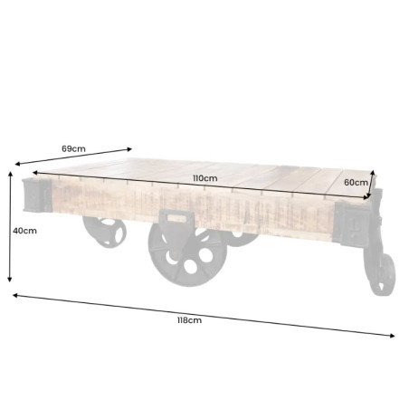 Table basse industrielle en manguier RAILWAY 110cm charriot