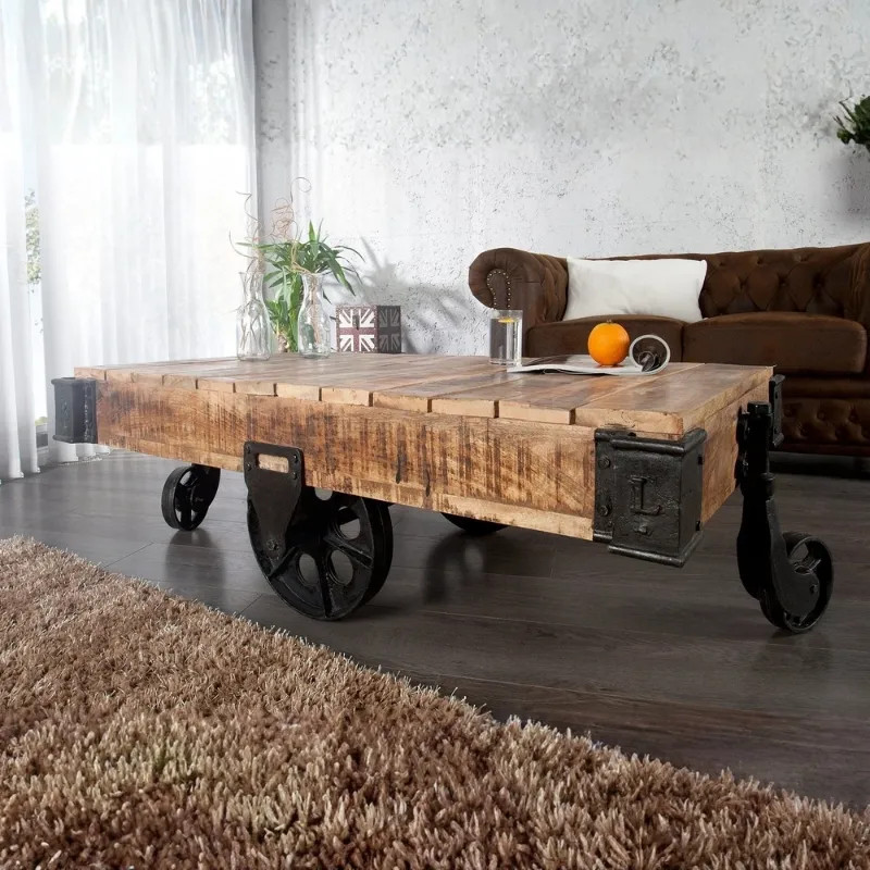 Table basse industrielle en manguier RAILWAY 110cm charriot