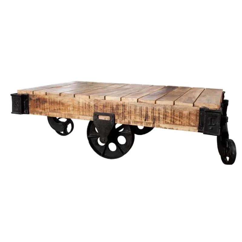Table basse industrielle en manguier RAILWAY 110cm charriot