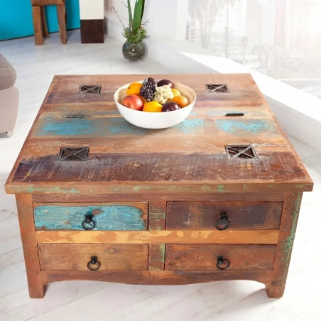 Table basse carrée bois recyclé coloré JAKARTA 70cm