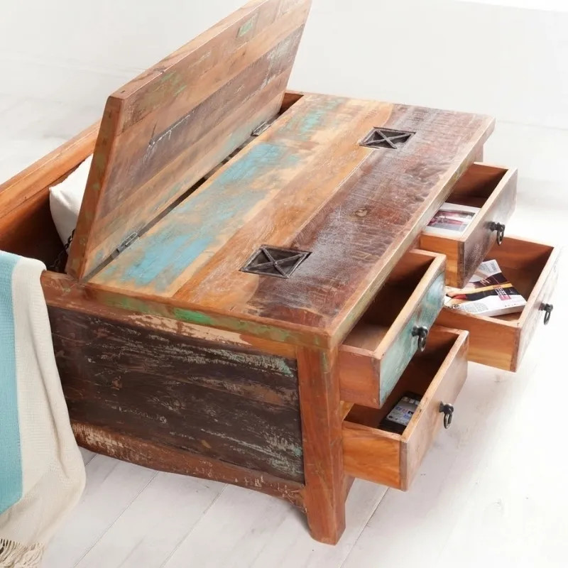Table basse carrée bois recyclé coloré JAKARTA 70cm