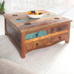 Table basse carrée bois recyclé coloré JAKARTA 70cm