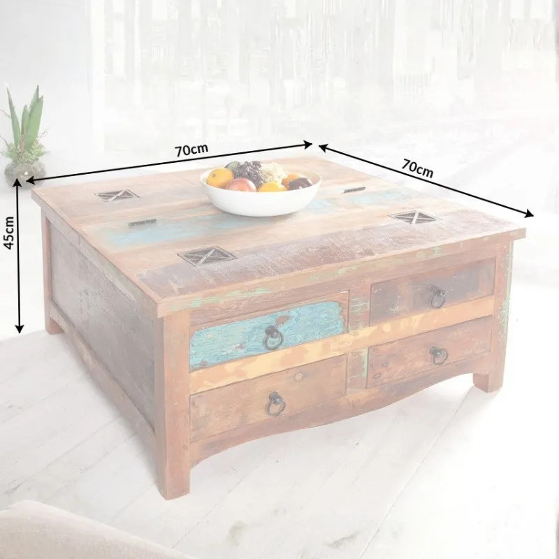 Table basse carrée bois recyclé coloré JAKARTA 70cm