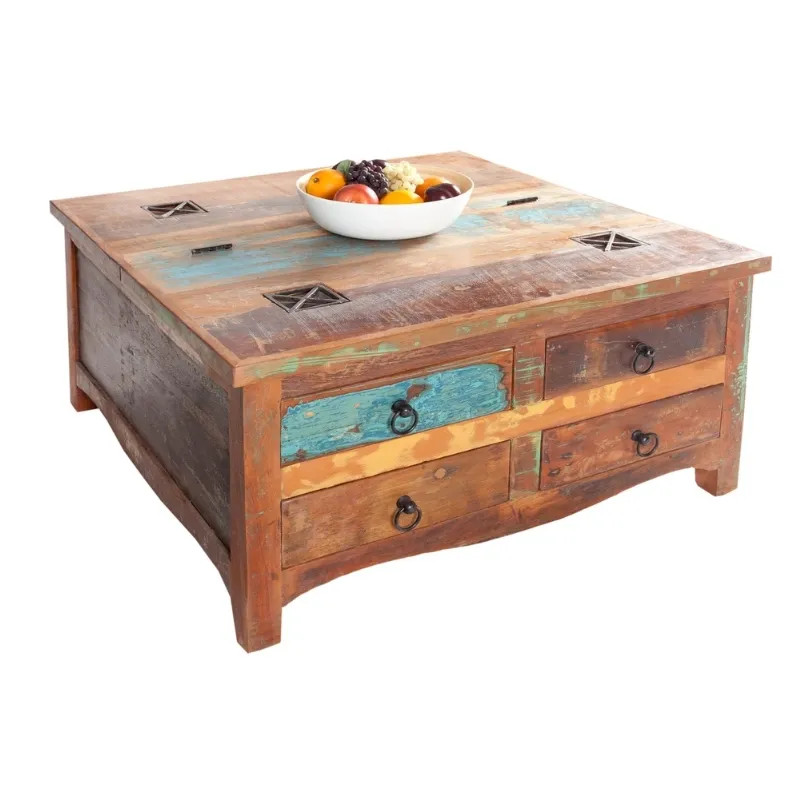 Table basse carrée bois recyclé coloré JAKARTA 70cm