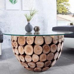 Table basse ronde rondins de teck PURE NATURE 70cm avec verre