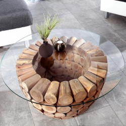 Table basse ronde rondins de teck PURE NATURE 70cm avec verre