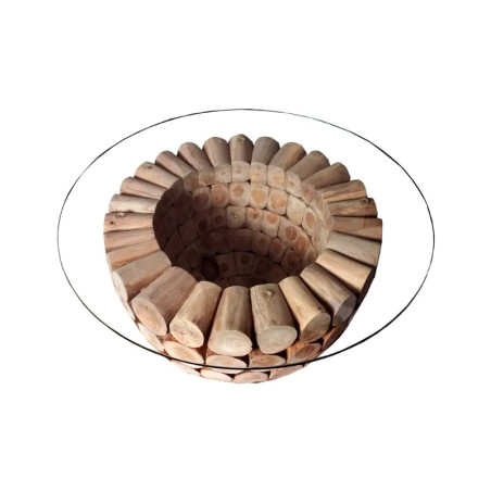 Table basse ronde rondins de teck PURE NATURE 70cm avec verre