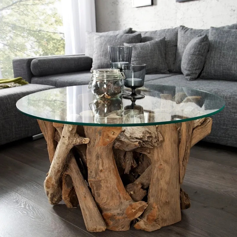 Table basse ronde racine de teck NATURE LOUNGE 60cm avec verre
