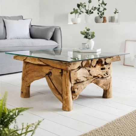 Table basse carrée racine de teck RIVERSIDE 80cm avec verre