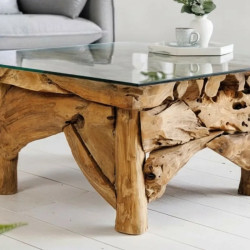 Table basse carrée racine de teck RIVERSIDE 80cm avec verre