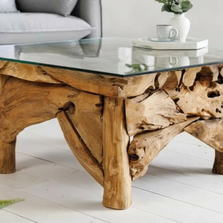 Table basse carrée racine de teck RIVERSIDE 80cm avec verre