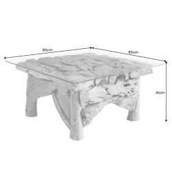 Table basse carrée racine de teck RIVERSIDE 80cm avec verre