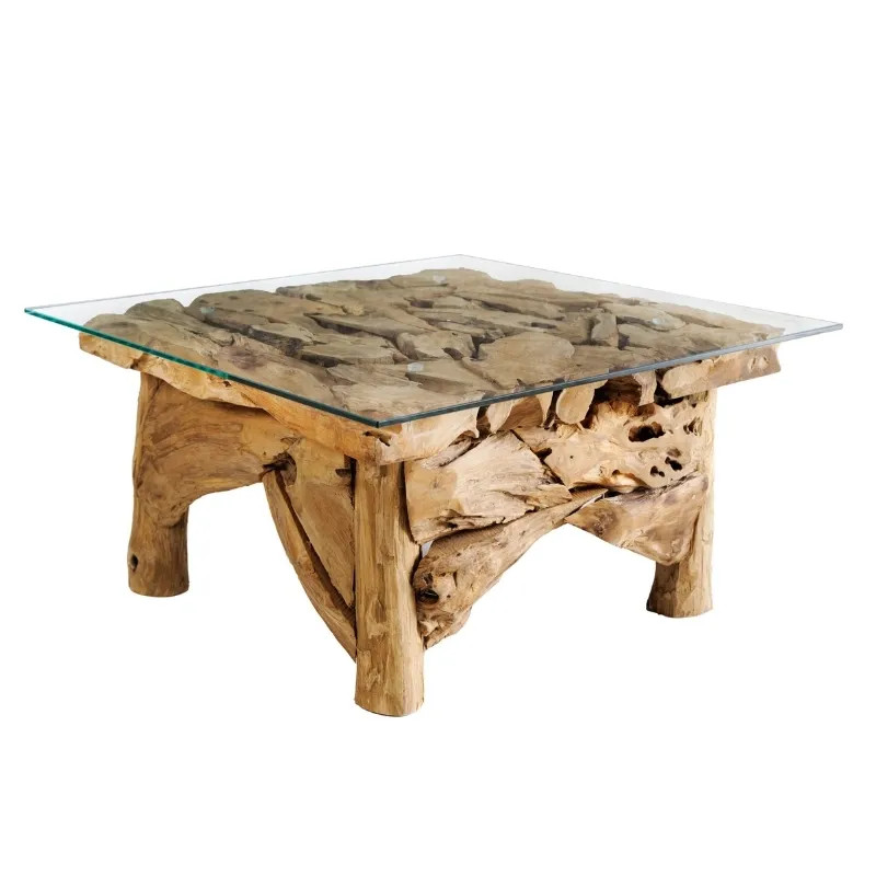Table basse carrée racine de teck RIVERSIDE 80cm avec verre