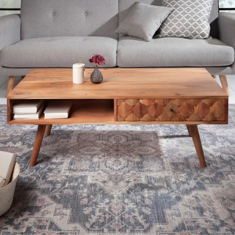 Table basse acacia massif MYSTIC LIVING 100cm avec rangements