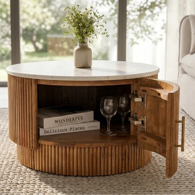 Table basse ronde manguier et marbre CHIC Ø 60cm avec rangement