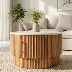 Table basse ronde manguier et marbre CHIC Ø 60cm avec rangement