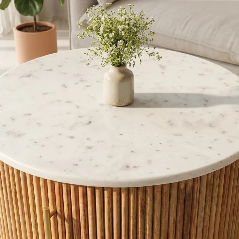 Table basse ronde manguier et marbre CHIC Ø 60cm avec rangement