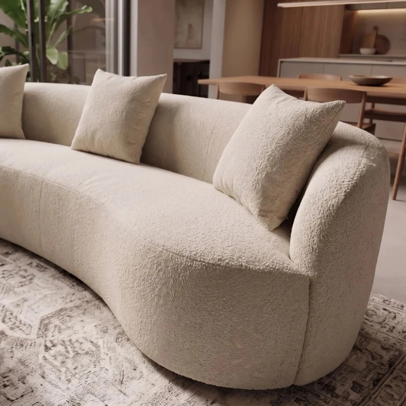 Canapé 3 places design arrondi tissu bouclé beige 230 cm ATELIER