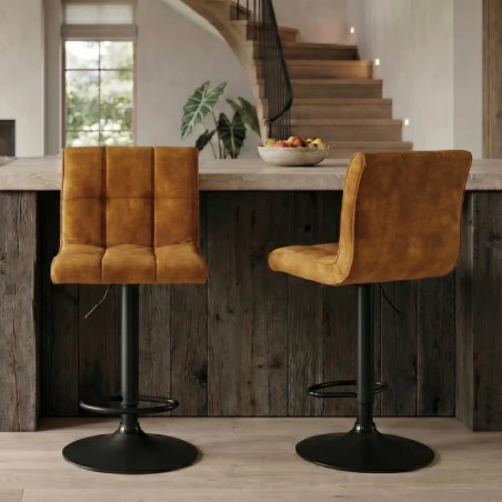 Lot de 2 tabourets de bar velours moutarde réglable en hauteur MODENA