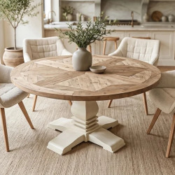 Table ronde en pin recyclé Ø140cm HAMPTONS pied central crème