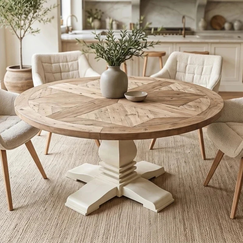 Table ronde en pin recyclé Ø140cm HAMPTONS pied central crème