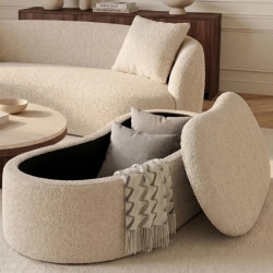 Banc coffre de rangement rembourré en bouclette beige 120cm ELEMENTAL