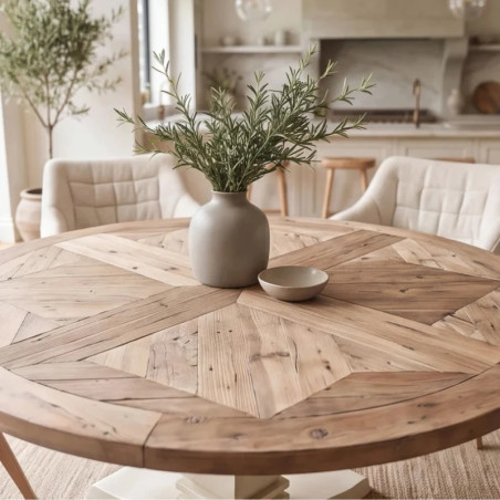 Table ronde en pin recyclé Ø120 cm HAMPTONS piétement crème