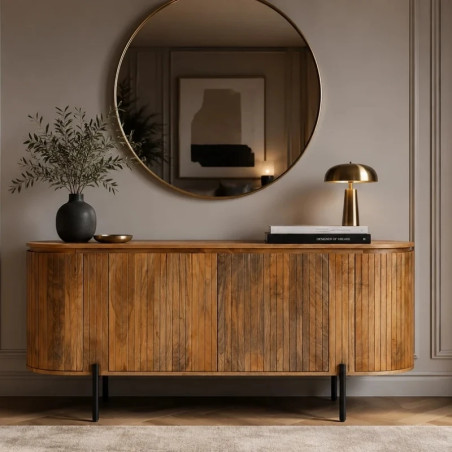 Buffet bois manguier massif style rétro façade lames 160cm GATSBY
