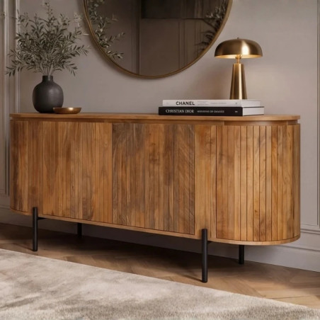 Buffet bois manguier massif style rétro façade lames 160cm GATSBY