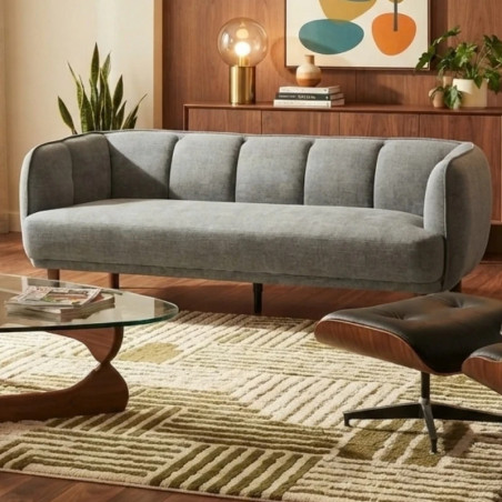Canapé 3 places en tissu gris capitonné pieds hévéa WINDSOR Sofacasa