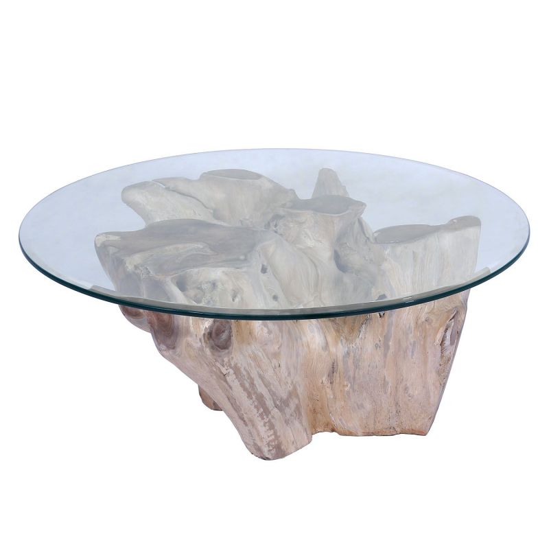 Table basse originale en racine de teck 100cm et plateau en verre