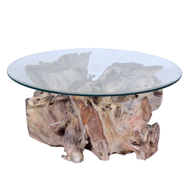 Table basse salon en racine de teck 100cm et plateau en verre