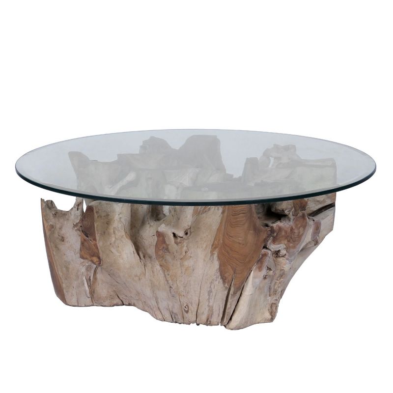 Table basse incroyable en racine de teck 100cm et plateau en verre