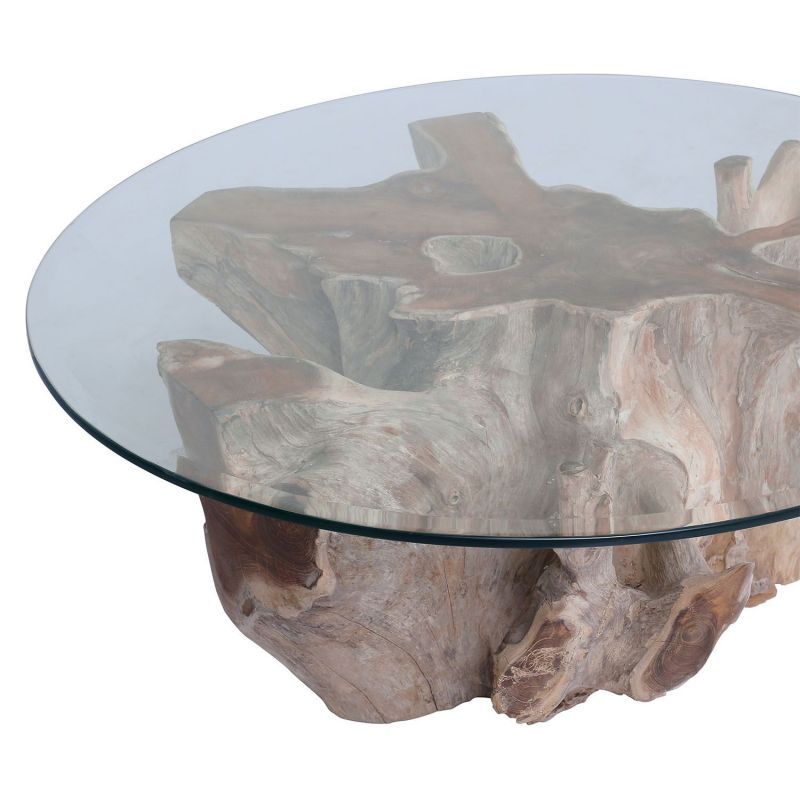 Table basse nature en racine de teck 100cm et plateau en verre